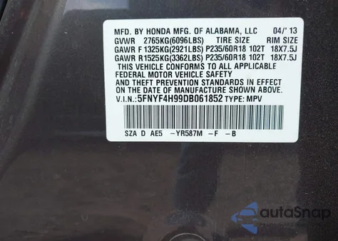 2013 Honda Pilot Touring из США, поврежденный, VIN 5FNYF4H99DB061852